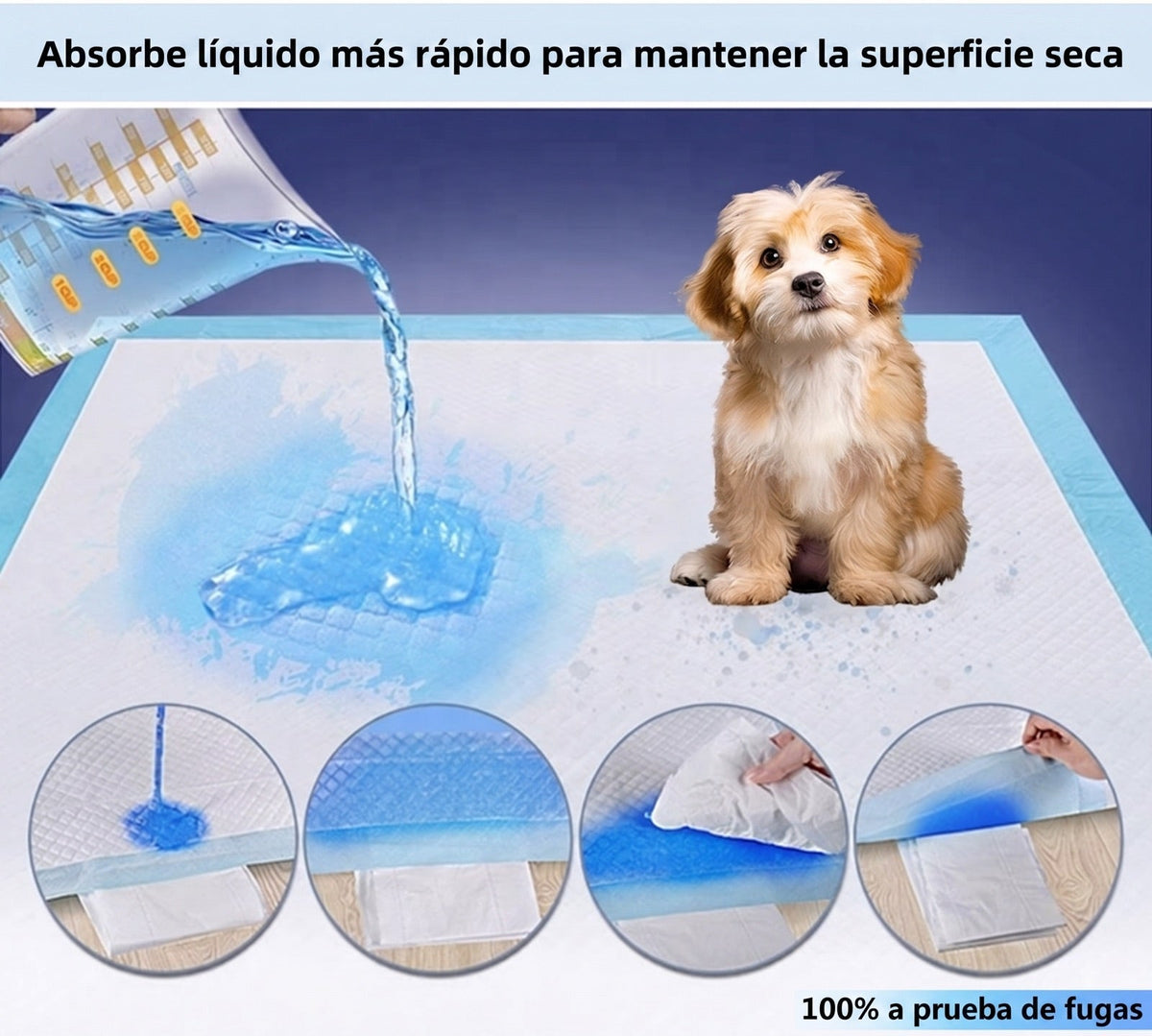 Paño absorbente Argos 60x60 absorbiendo líquido al instante junto a un cachorro