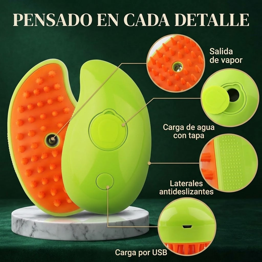 Detalles: salida de bruma, carga de agua, laterales antideslizantes y carga USB