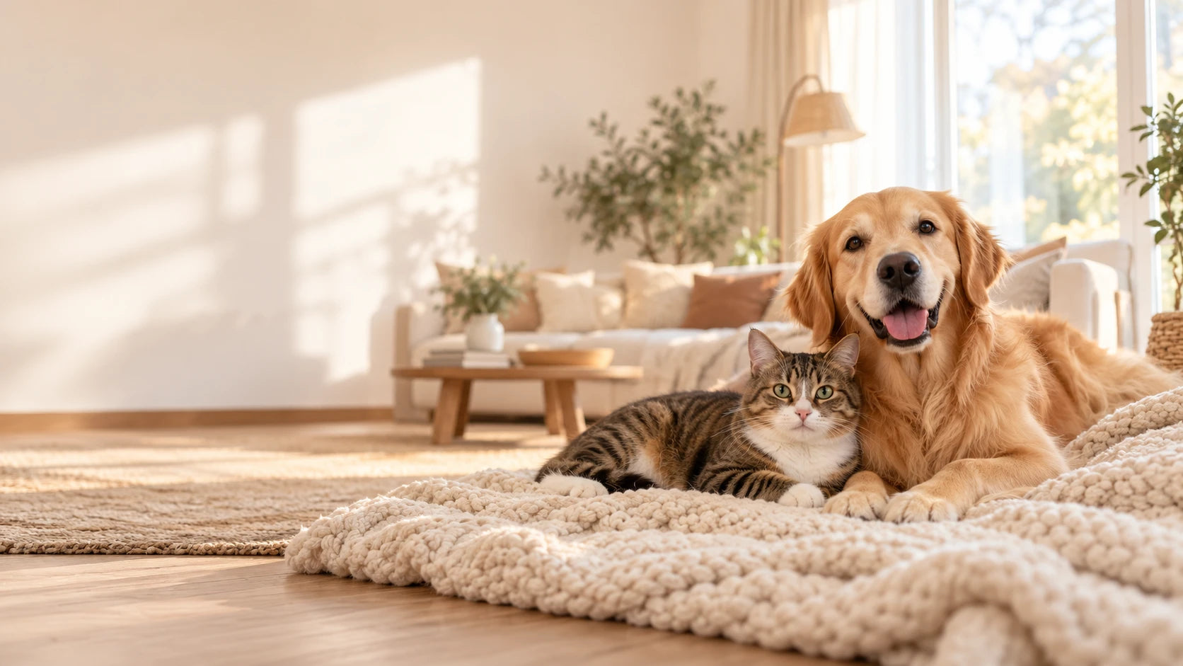 Perro y gato descansando juntos en casa